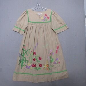 Go‎ Softly Patio Dress Tan Dragonfly Floral Embroidered Cotton Muumuu Pockets